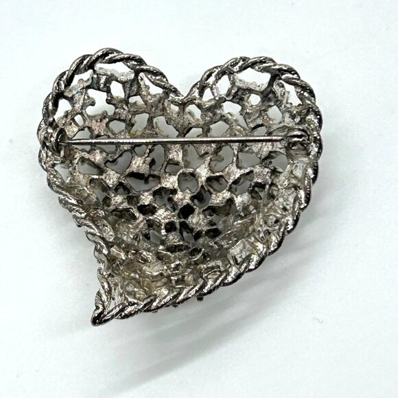 Silver-tone Rhinestone Heart Brooch Vintage Mid-Century Glamour Retro Gift - Picture 9 of 16